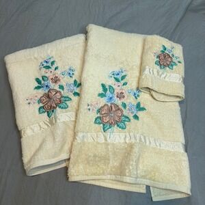 VTG Martex Inspiration Pima Cotton Towel Set 3pc Floral Embroidered Cream USA